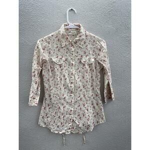 Magazine Juniors Top Size Small Cream Floral 3/4 Sleeve Button Up Collared Y2K
